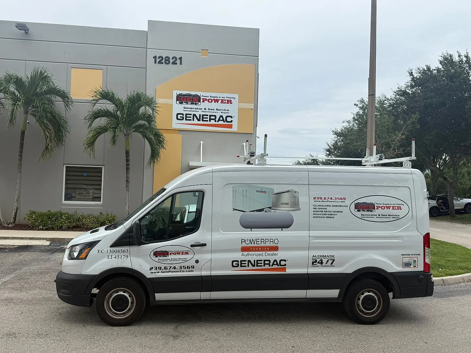 Gen-Power service van in front of the company office in Fort Myers