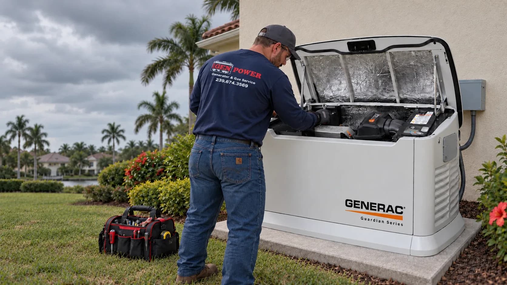Gen-Power technician at a whole house generator installation in Fort Myers, FL, with an open Generac Guardian standby generator