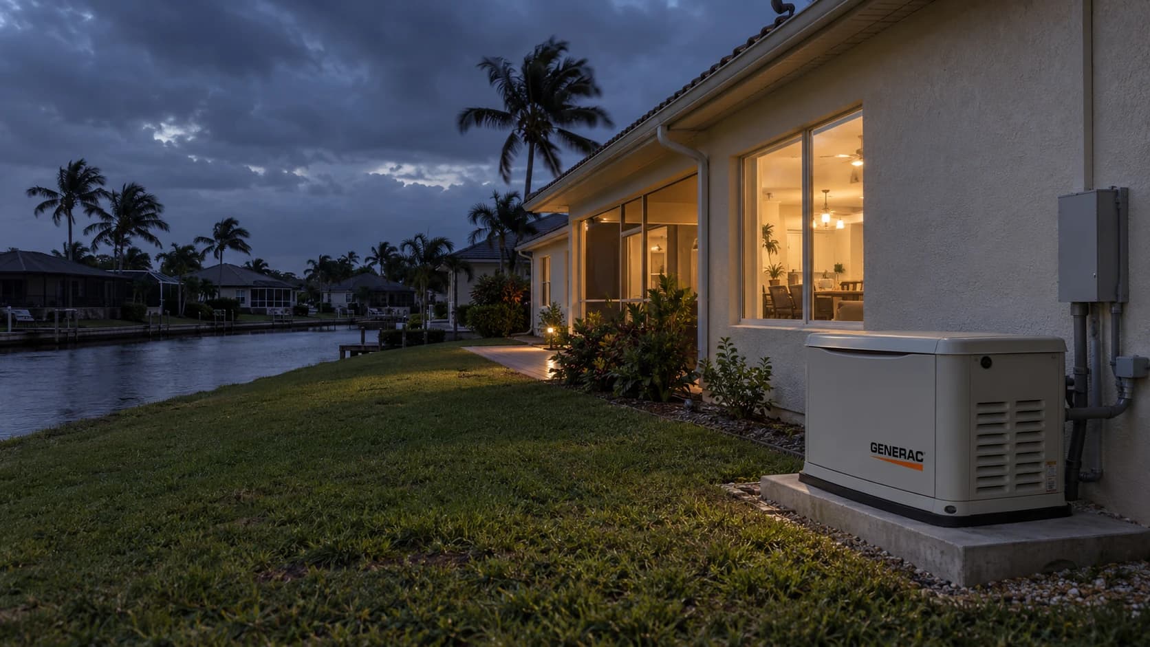 Standby generator keeping a canal-front home lit in Cape Coral, Lee County, at dusk during a power outage
